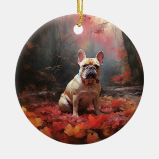 Franse buldog in herfst laat Herfst inspireren Keramisch Ornament (Voorkant)