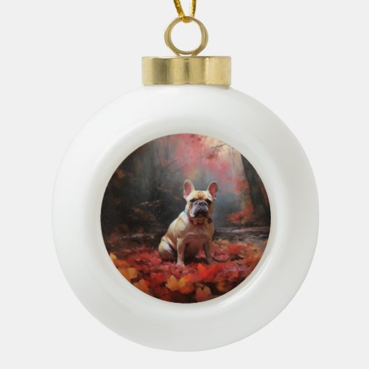 Franse buldog in herfst laat Herfst inspireren Keramische Bal Ornament (Voorkant)