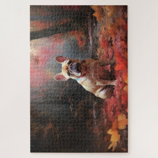 Franse buldog in herfst laat Herfst inspireren Legpuzzel (Verticaal)