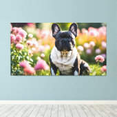 Franse buldog in tuin canvas afdruk (Insitu (Houten vloer))