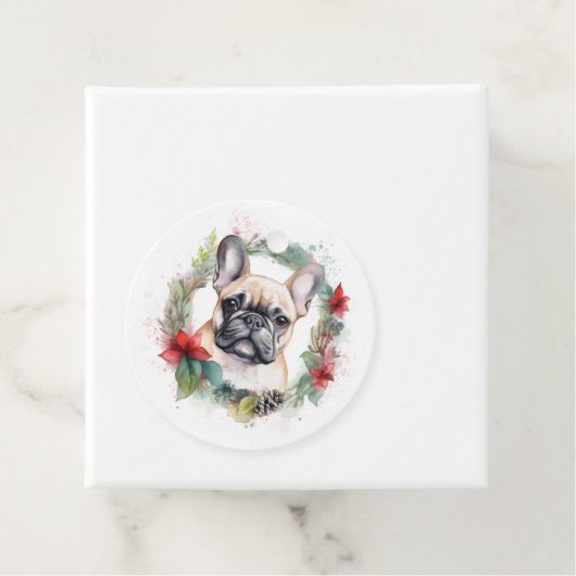 Franse buldog kerst krans feestelijke pup bedankjes labels (In situ)