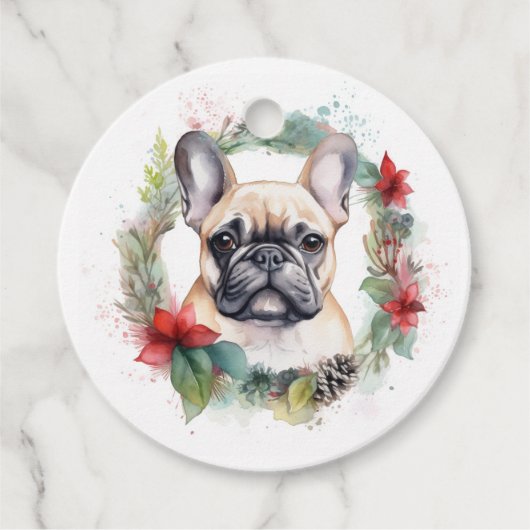 Franse buldog kerst krans feestelijke pup bedankjes labels (Voorkant)