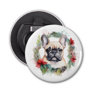 Franse buldog kerst krans feestelijke pup button flesopener