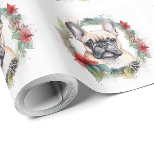 Franse buldog kerst krans feestelijke pup cadeaupapier (Rol Hoek)