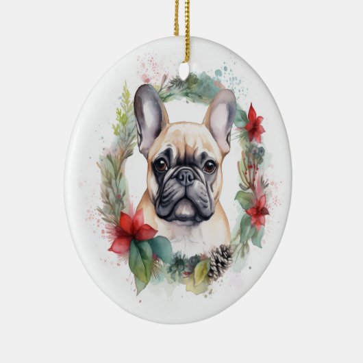 Franse buldog kerst krans feestelijke pup keramisch ornament (Rechts)