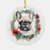 Franse buldog kerst krans feestelijke pup keramisch ornament (Voorkant)