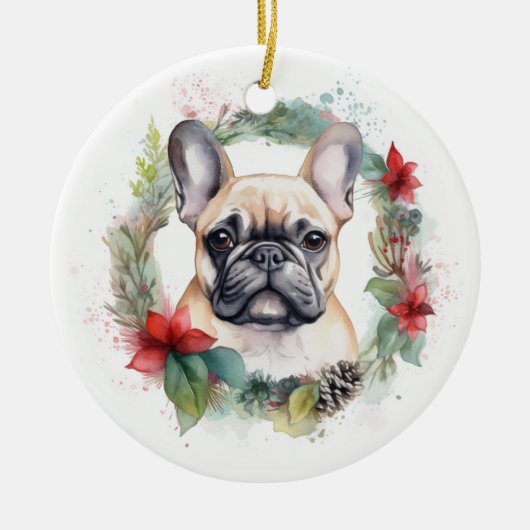 Franse buldog kerst krans feestelijke pup keramisch ornament (Voorkant)