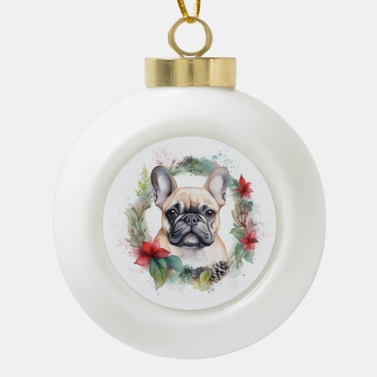 Franse buldog kerst krans feestelijke pup keramische bal ornament (Voorkant)