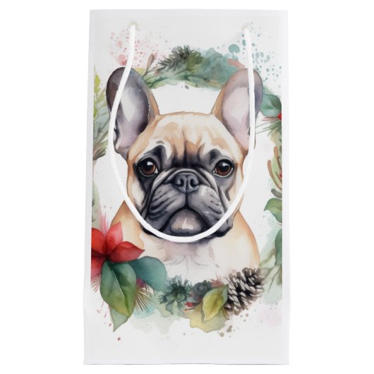 Franse buldog kerst krans feestelijke pup klein cadeauzakje (Voorkant)