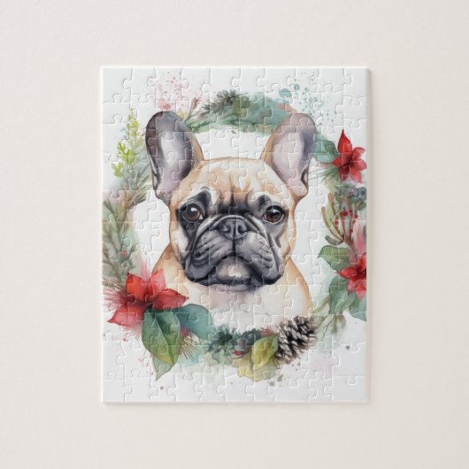 Franse buldog kerst krans feestelijke pup legpuzzel (Verticaal)