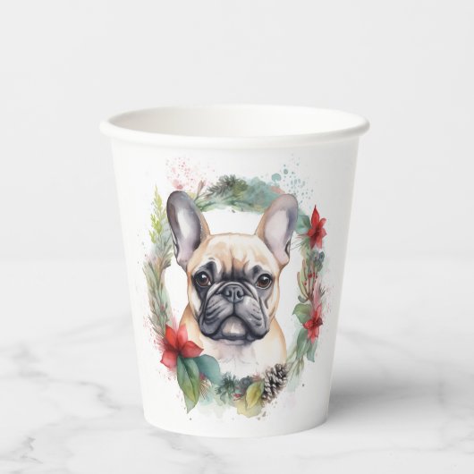 Franse buldog kerst krans feestelijke pup papieren bekers (Voorkant)