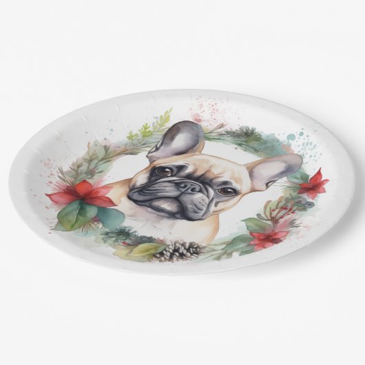 Franse buldog kerst krans feestelijke pup papieren bordje (Gekanteld)