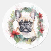 Franse buldog kerst krans feestelijke pup ronde sticker (Voorkant)