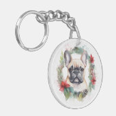 Franse buldog kerst krans feestelijke pup sleutelhanger (Voorkant Links)