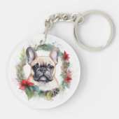 Franse buldog kerst krans feestelijke pup sleutelhanger (Achterkant)