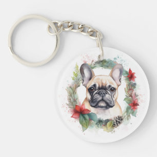 Franse buldog kerst krans feestelijke pup sleutelhanger