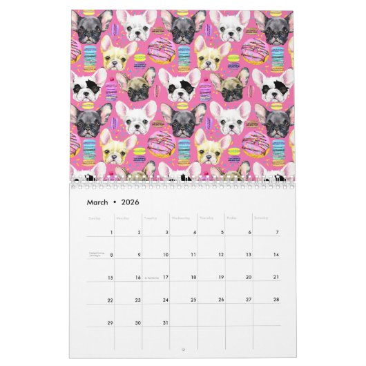Franse buldog macaron patroon kalender (Mar 2026)