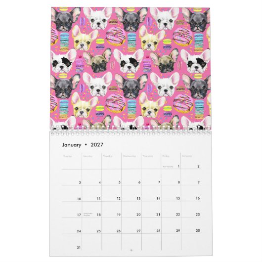 Franse buldog macaron patroon kalender (Jan 2027)