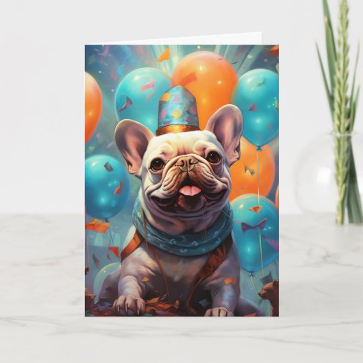 Franse buldog met ballonnen verjaardag kaart (Voorkant)