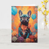 Franse buldog met ballonnen verjaardag kaart (Gele Bloem)