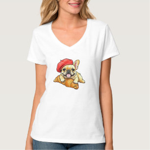 Franse buldog met croissant baret Grappige Frenchi T-shirt