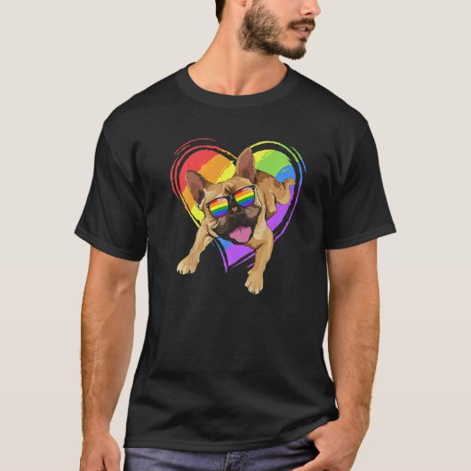Franse buldog pride regenboog hart gay lgbt pride t-shirt (Voorkant)