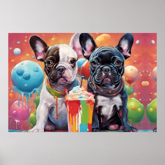 Franse buldog Puppies, milkshake Poster (Voorkant)