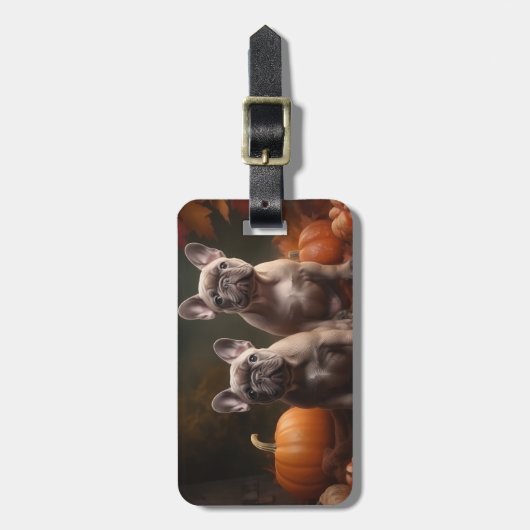 Franse buldog puppy herfst verrukking pompoen bagagelabel (Voorkant verticaal)