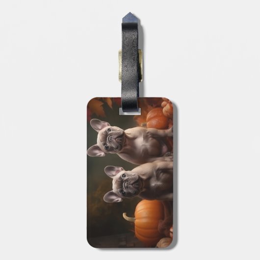 Franse buldog puppy herfst verrukking pompoen bagagelabel (Achterkant verticaal)