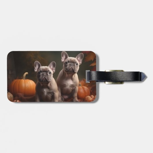 Franse buldog puppy herfst verrukking pompoen bagagelabel (Achterkant horizontaal)