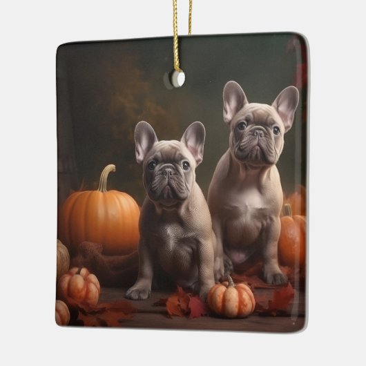 Franse buldog puppy herfst verrukking pompoen keramisch ornament (Links)