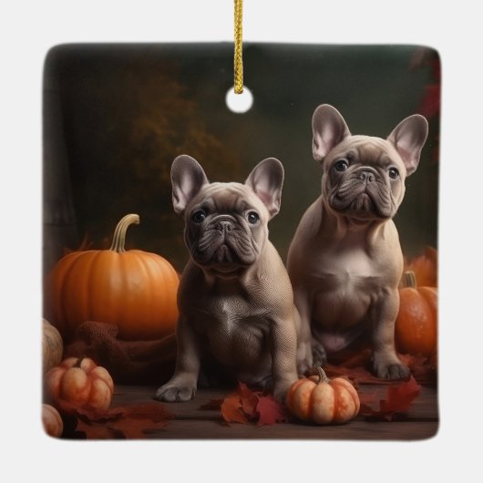 Franse buldog puppy herfst verrukking pompoen keramisch ornament (Achterkant)