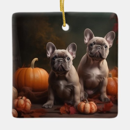 Franse buldog puppy herfst verrukking pompoen keramisch ornament (Voorkant)