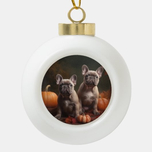 Franse buldog puppy herfst verrukking pompoen keramische bal ornament (Voorkant)