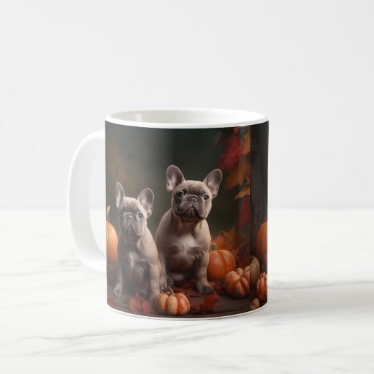 Franse buldog puppy herfst verrukking pompoen koffiemok (Voorkant links)
