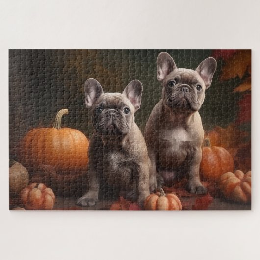 Franse buldog puppy herfst verrukking pompoen legpuzzel (Horizontaal)