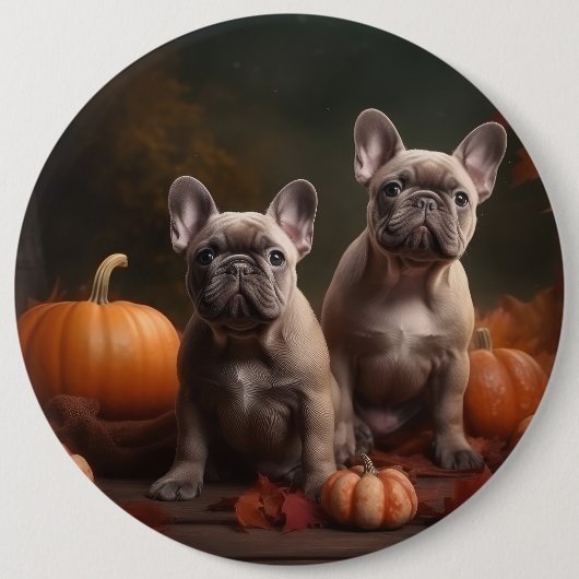 Franse buldog puppy herfst verrukking pompoen ronde button 6,0 cm (Voorkant)