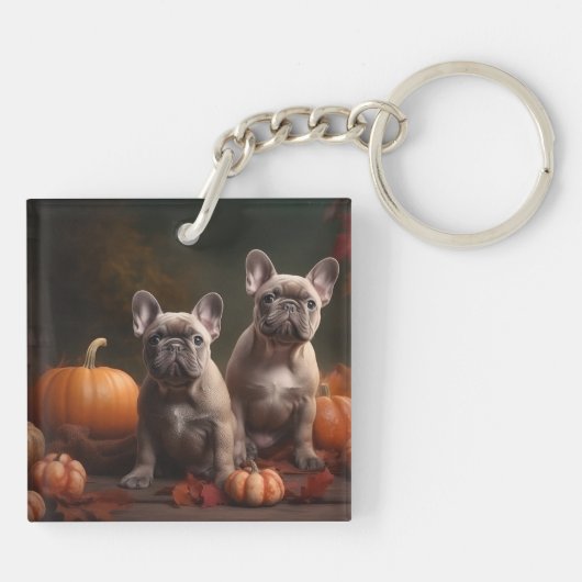 Franse buldog puppy herfst verrukking pompoen sleutelhanger (Achterkant)