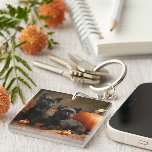 Franse buldog puppy herfst verrukking pompoen sleutelhanger (Voorkant Rechts)