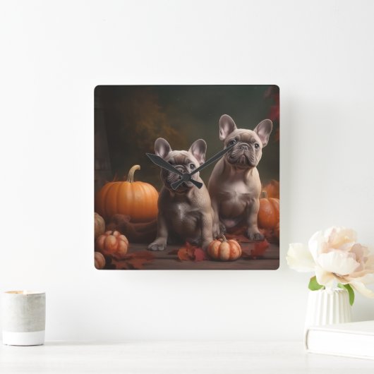 Franse buldog puppy herfst verrukking pompoen vierkante klok (Huis)