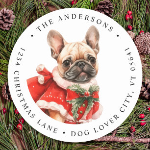 Franse buldog puppy hond kerst retour adres ronde sticker