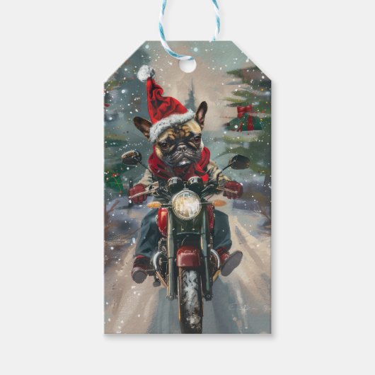 Franse buldog rijden motorfiets kerst cadeaulabel (Voorkant)