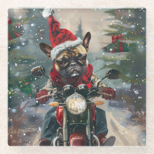 Franse buldog rijden motorfiets kerst glazen onderzetter (Voorkant)