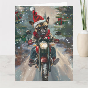 Franse buldog rijden motorfiets kerst kaart