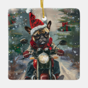 Franse buldog rijden motorfiets kerst keramisch ornament