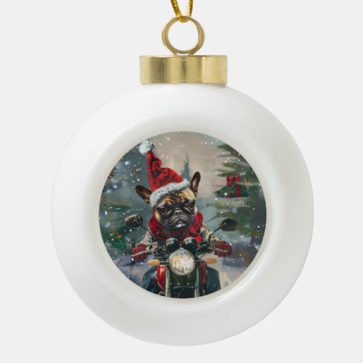 Franse buldog rijden motorfiets kerst keramische bal ornament (Voorkant)