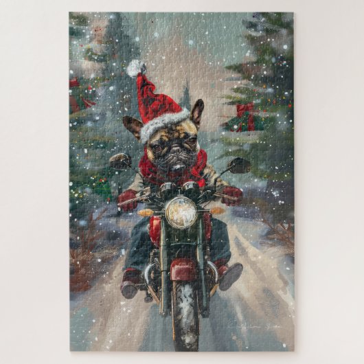 Franse buldog rijden motorfiets kerst legpuzzel (Verticaal)