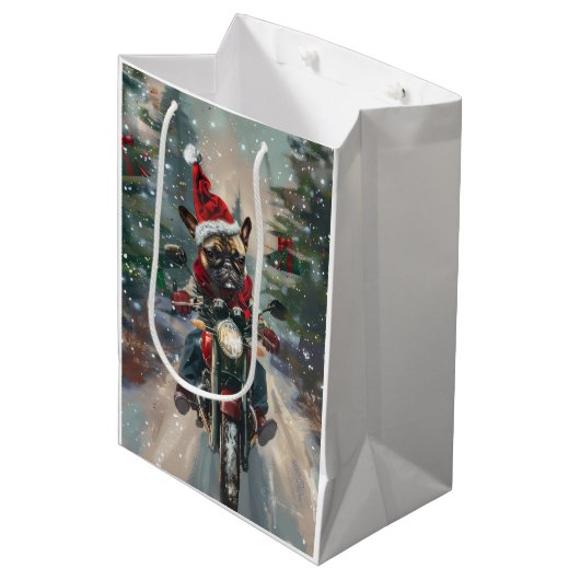Franse buldog rijden motorfiets kerst medium cadeauzakje (Voorkant Gekanteld)
