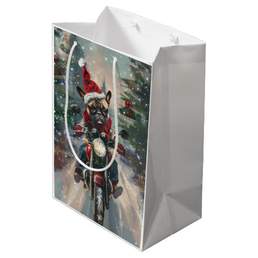 Franse buldog rijden motorfiets kerst medium cadeauzakje (Achterkant Gekanteld)