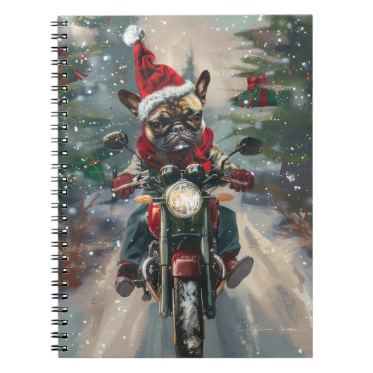Franse buldog rijden motorfiets kerst notitieboek (Voorkant)
